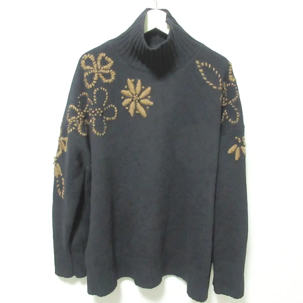 21AW Ermanno Scervino エルマノシェルビーノ カシミヤブレンド フラワー刺繍 ハイネック ニット セーター S ブラック