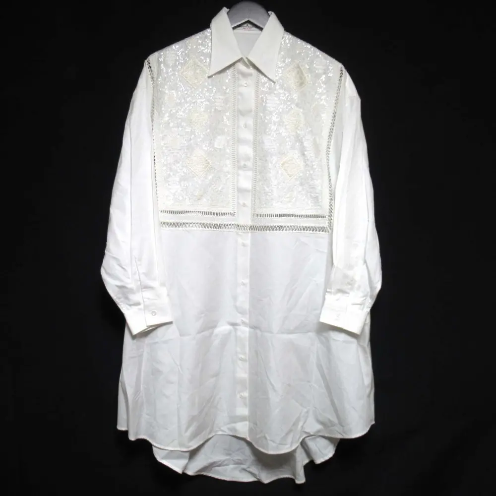 22SS ERMANNO SCERVINO エルマノシェルビーノ ひざ丈 長袖 スパンコール装飾 エンブロイダリー シャツワンピース 40サイズ ホワイト