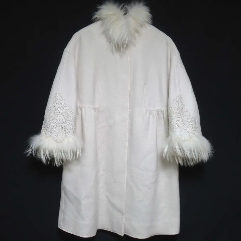 ERMANNO SCERVINO エルマノシェルビーノ シルバーフォックスファー レース装飾 ウール コート サイズ40 オフホワイト
