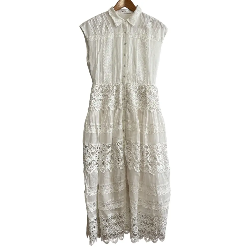 クリーニング済み Estella.K エステラケー フレンチスリーブ クロシェ マキシ丈 シャツワンピース F ホワイト