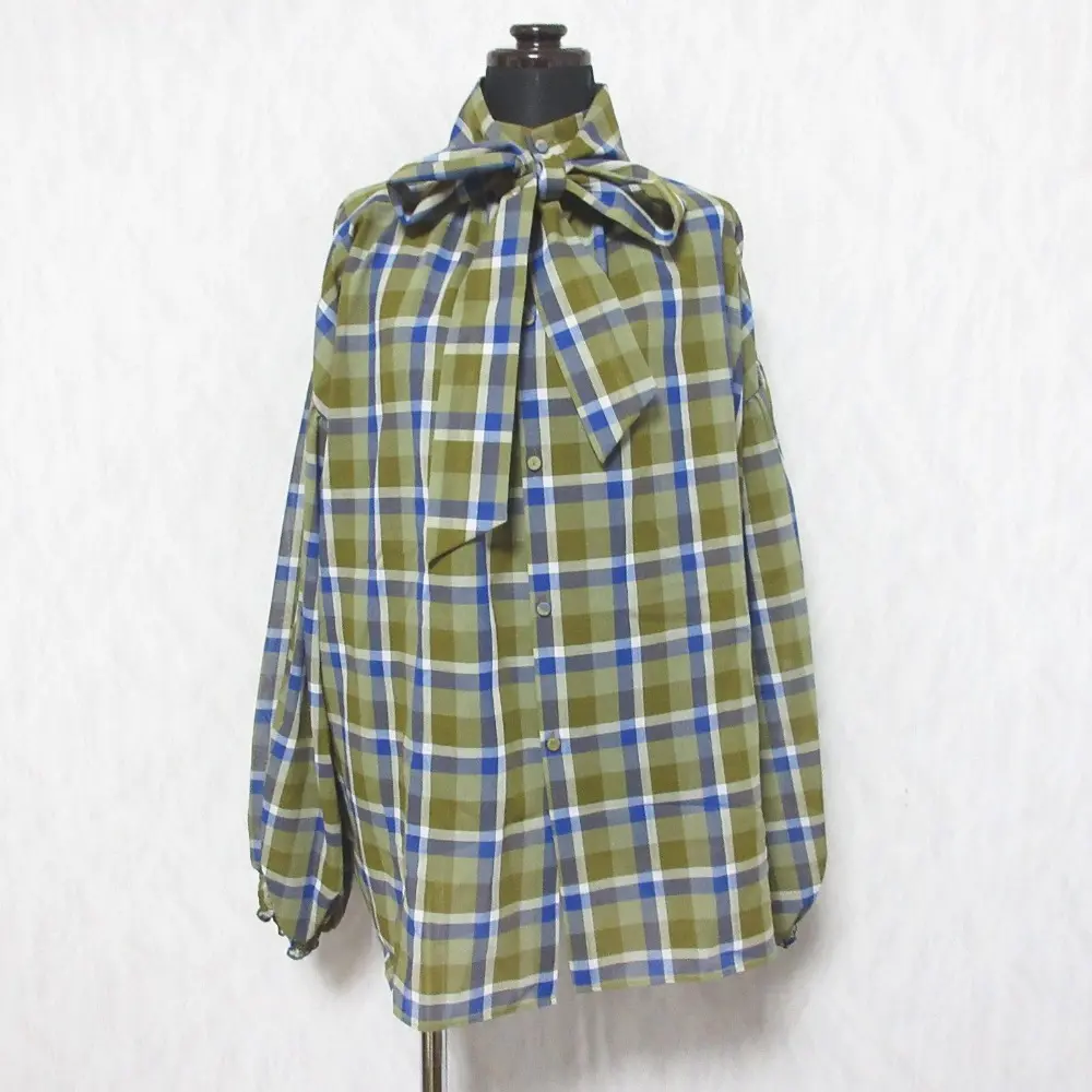 ESTNATION エストネーション タータンチェック柄 長袖 オーバーサイズ ボウタイ ブラウス シャツ 38 カーキブラウン