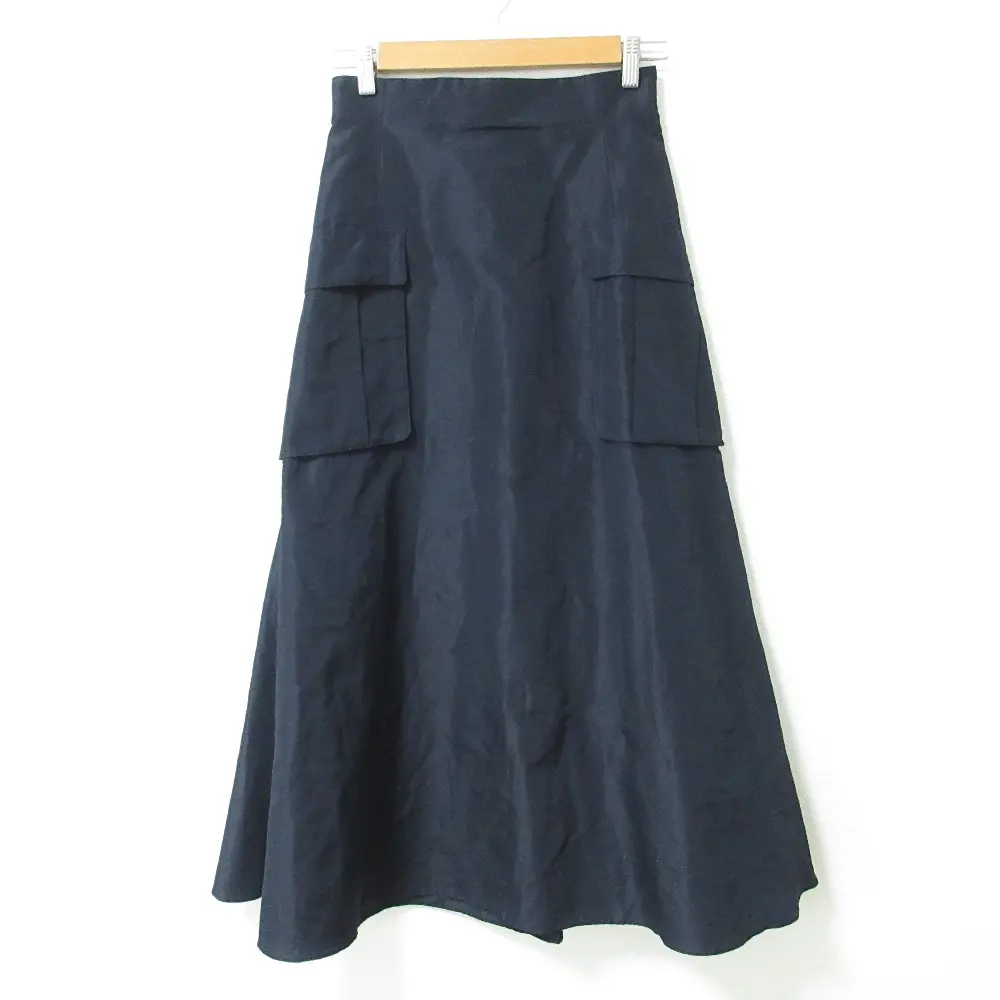 22SS ESTNATION エストネーション ナイロンリネン マキシ丈 ミリタリーポケットフレアスカート 38 ネイビー