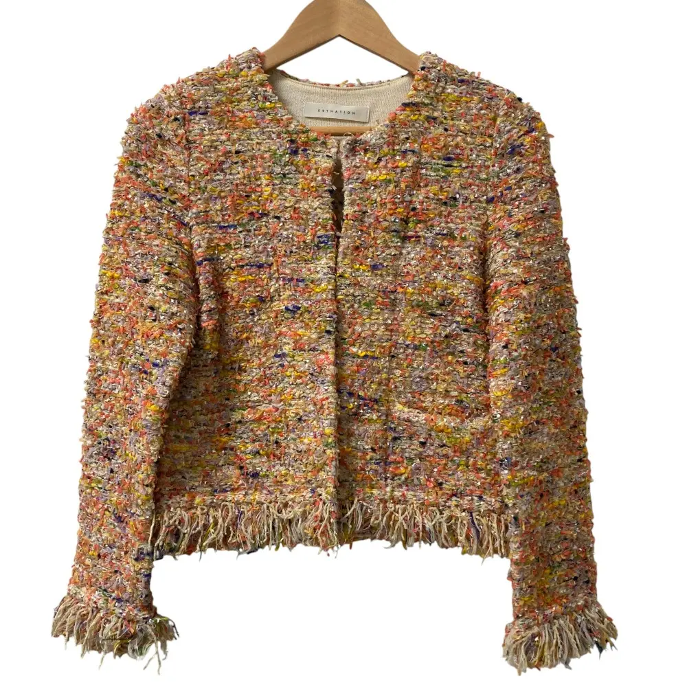 ESTNATION エストネーション 米富繊維 コラボ ノーカラー ツイード風 ニットジャケット 38 マルチカラー
