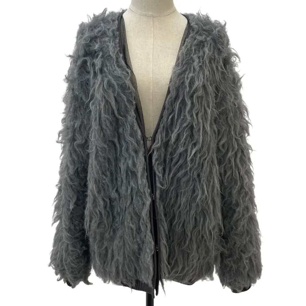 24AW ESTNATION エストネーション ウールブレンド ファーチュールリバーシブルニットコート サイズF グレー