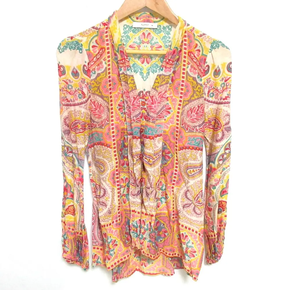 ETRO エトロ ペイズリー柄 コットン×シルク 長袖 ブラウス シャツ 38 イエロー×ピンク系
