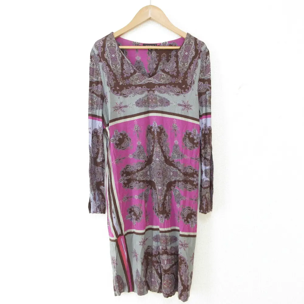 ETRO エトロ カシミアブレンド ペイズリー柄 長袖 Vネック ひざ丈 ワンピース 40 パープル系