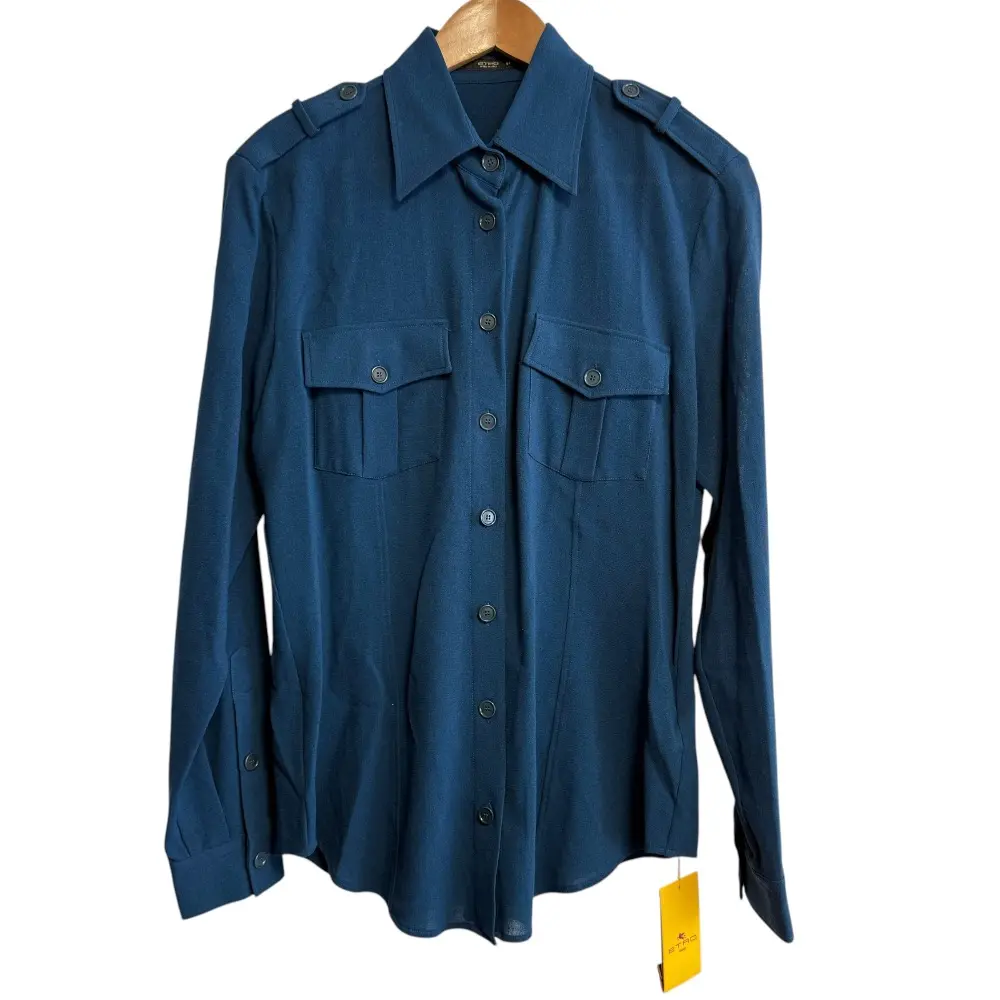ETRO エトロ ウール ストレッチ ロングスリーブ 長袖 ミリタリーシャツ ブラウス 44 ブルー