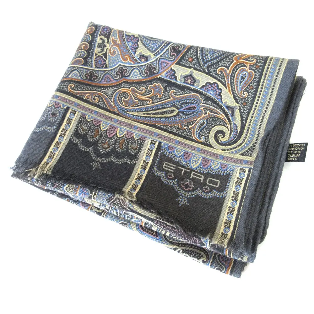 ETRO エトロ ペイズリー柄 ウール×シルク フリンジ ストール マフラー ネイビー