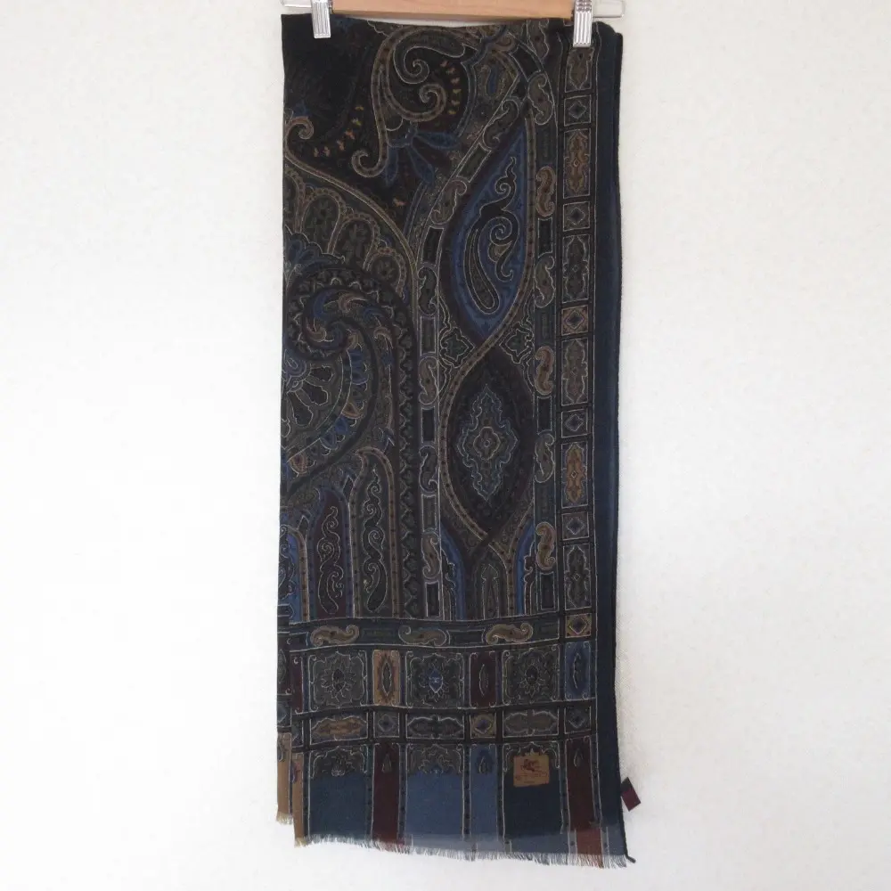 ETRO エトロ ペイズリー柄 総柄 ウールシルク フリンジ ストール マフラー スカーフ ネイビー系