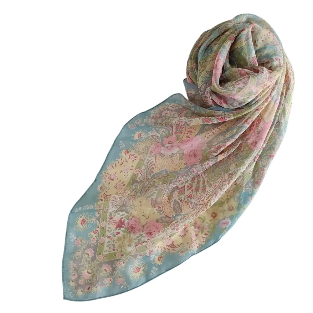 ETRO エトロ シルク100％ ペイズリー×フラワープリント 大判 スカーフ ストール ブルー