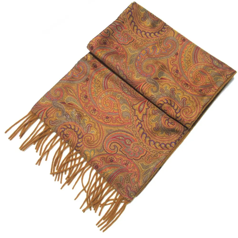 ETRO エトロ ペイズリー柄 シルク×カシミヤ フリンジ ストール マフラー キャメル系