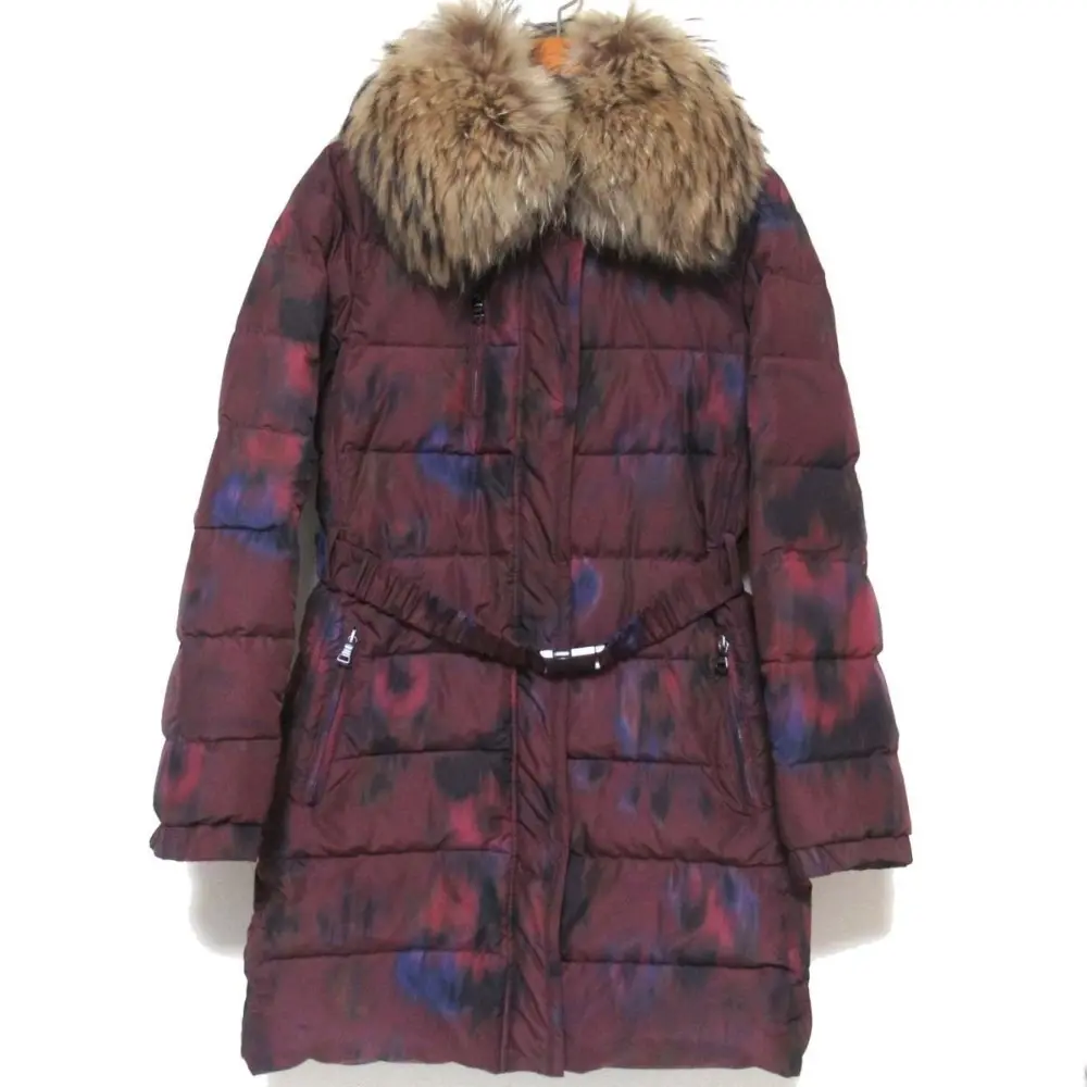 ETRO エトロ 総柄 ベルト付き ラクーンファー フーディー ダウンコート 42サイズ バーガンディ