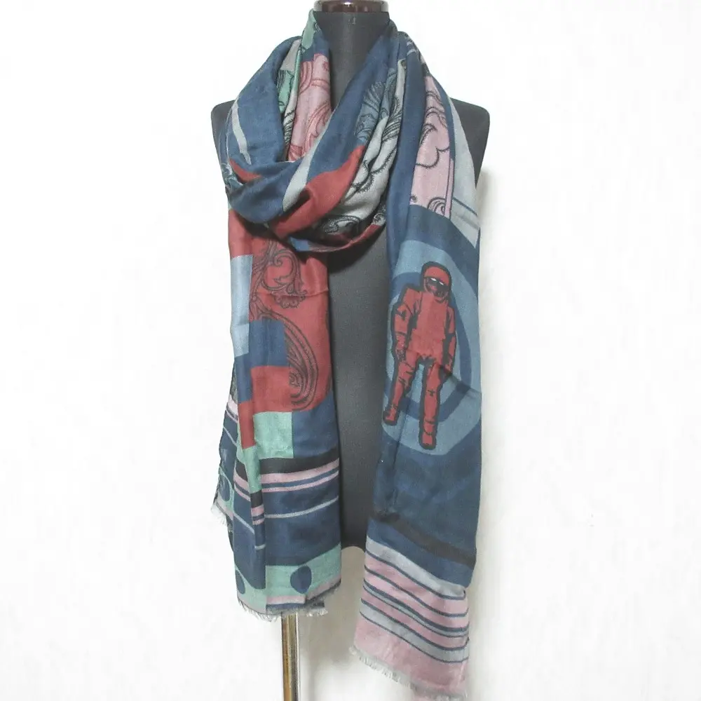 ETRO エトロ ペイズリー ロケット 宇宙飛行士 総柄 大判 ストール ショール マフラー ネイビーグレー
