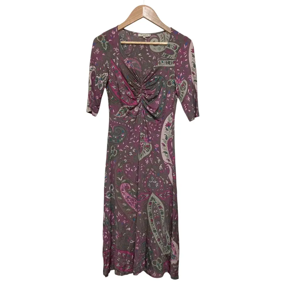 ETRO エトロ ペイズリー柄 ストレッチ 胸元ギャザー 五分袖 ひざ丈 ワンピース 40 グレー系