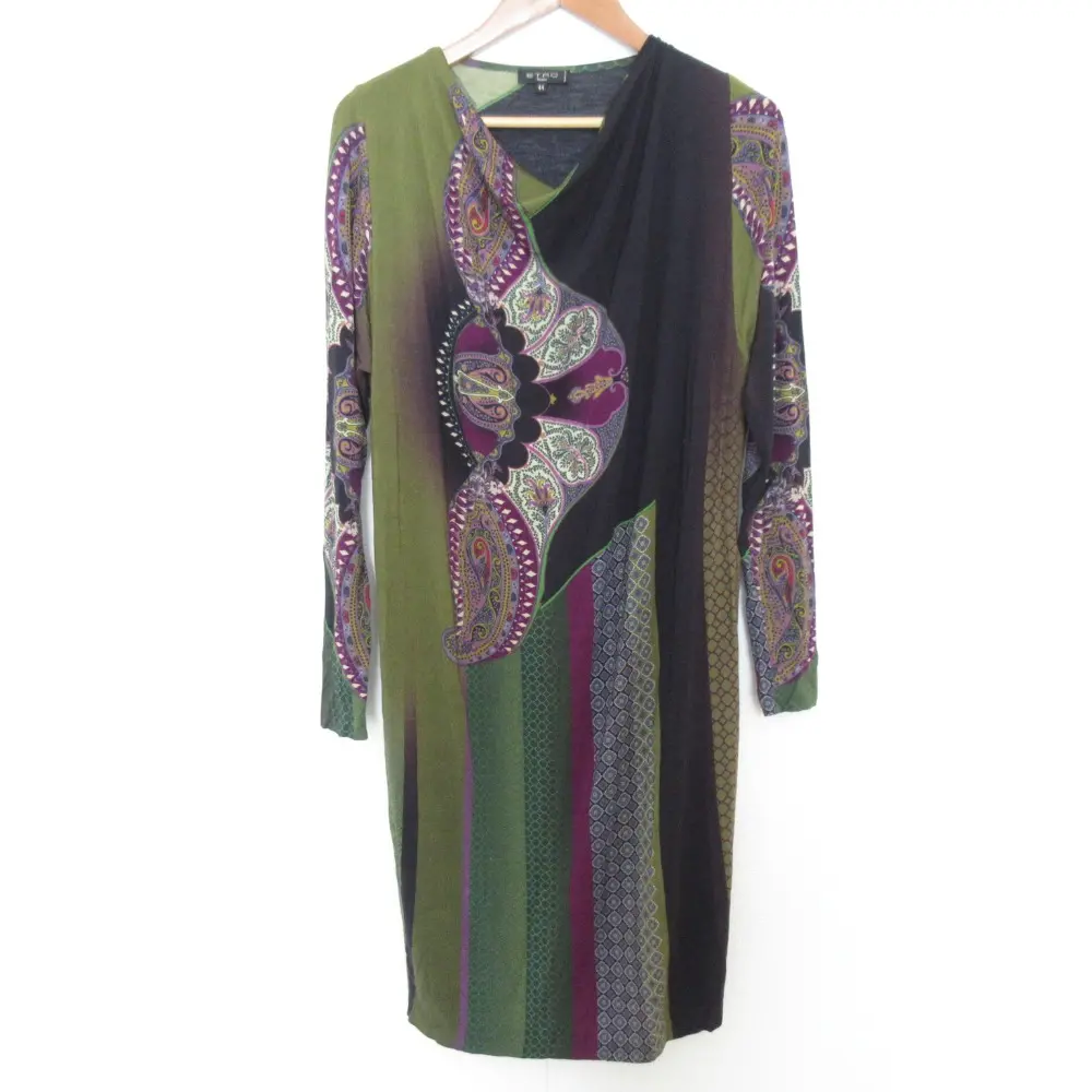 ETRO エトロ ペイズリー 総柄 ストレッチ ドレープネック 長袖 ひざ丈 Iライン ワンピース サイズ44 グリーン系