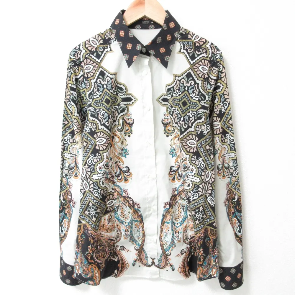 ETRO エトロ ペイズリープリント 長袖 ストレッチシャツ 44 ブラック×オフホワイト