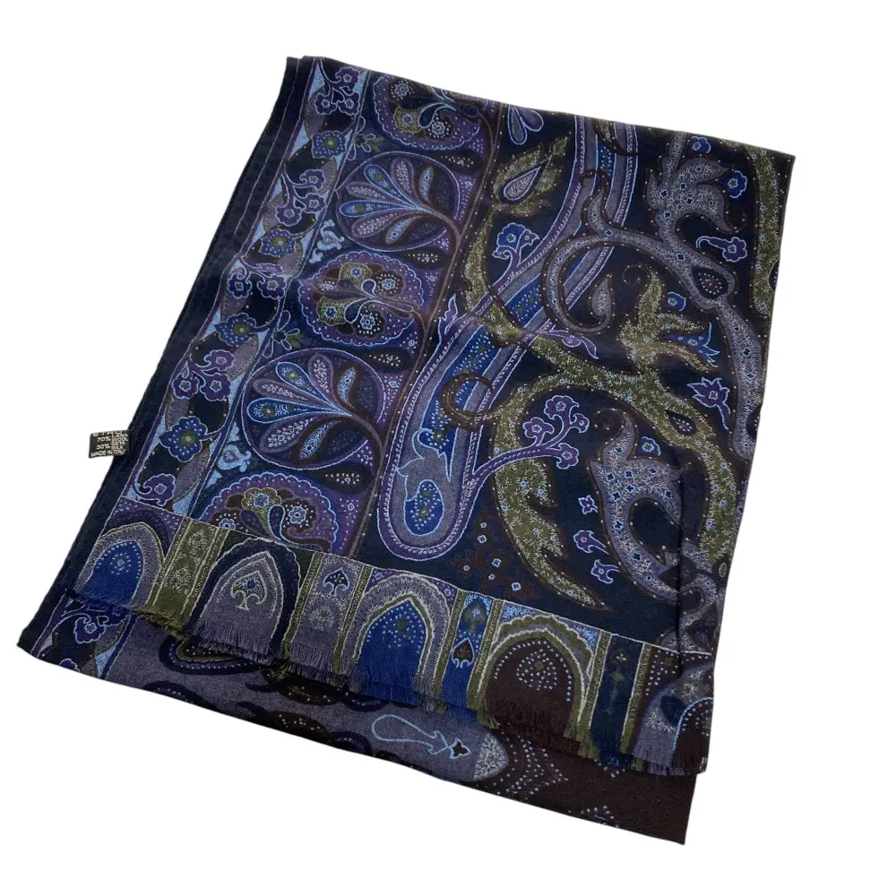 ETRO エトロ ペイズリー柄 ウールシルク 大判 ストール ショール ネイビー