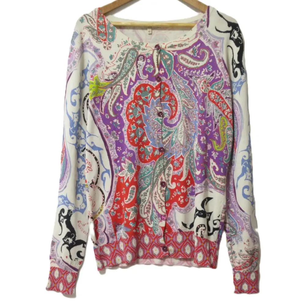 ETRO エトロ ペイズリー柄 シルク100% ロゴボタン 長袖 ニット カーディガン サイズ42 マルチカラー