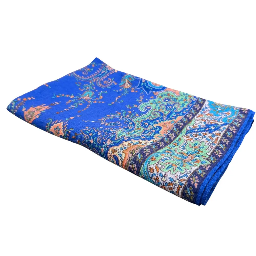 ETRO エトロ ペイズリー柄 ウールシルク スカーフ ストール ブルー系