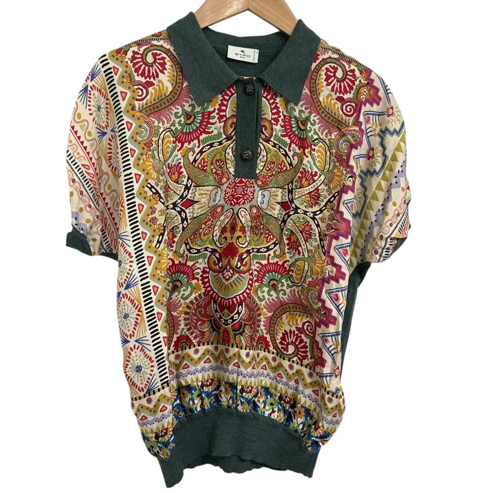 22SS ETRO エトロ ペイズリー柄 切替え シルク 半袖 ニット ポロシャツ 40 グリーン