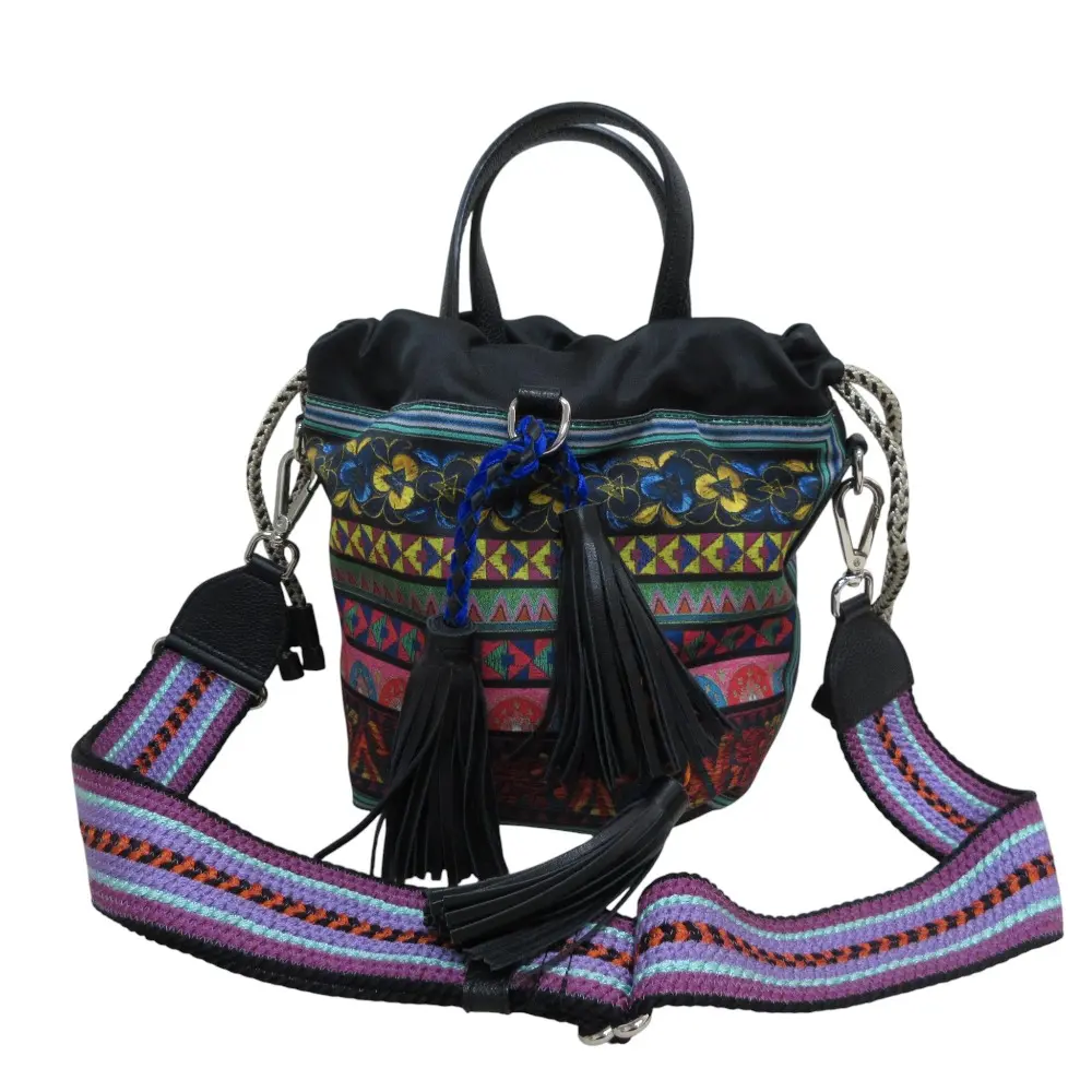 ETRO エトロ タッセル ナイロン レザー 2way ハンドバッグ ショルダーバッグ 1H943 5902 ブラック
