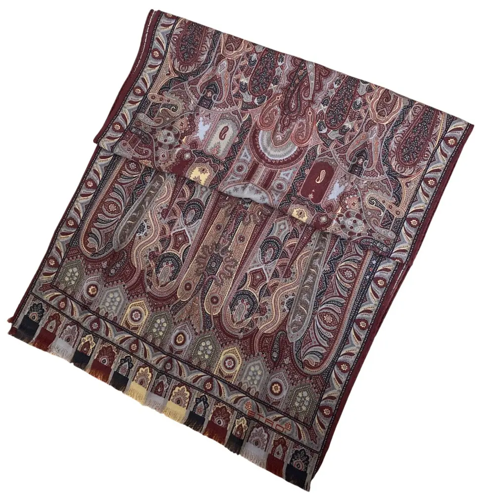 ETRO エトロ ペイズリー柄 ウールシルク ストール ボルドー系