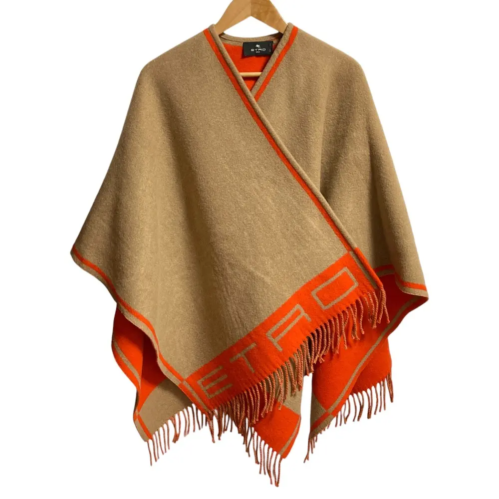 ETRO エトロ ウールカシミヤ フリンジ ダブルフェイスケープ ポンチョ ベージュ オレンジ