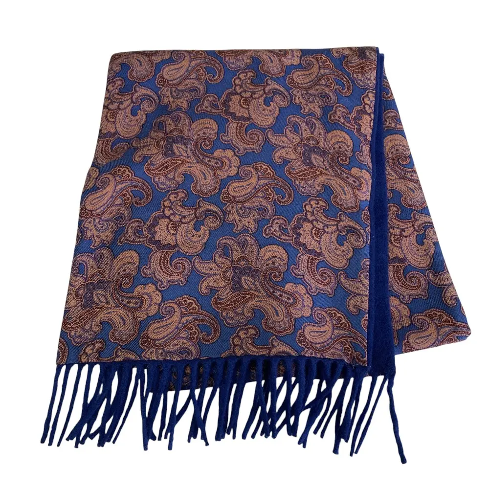ETRO エトロ ペイズリー柄切替 シルク カシミヤ フリンジマフラー ブルー系