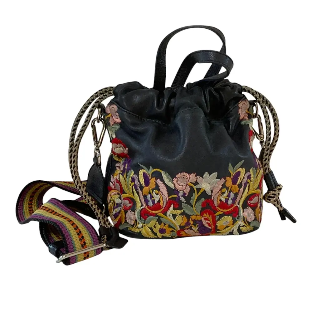 ETRO エトロ フラワーエンブロイダリー レザー 2WAY 巾着 ショルダーバッグ ネイビー