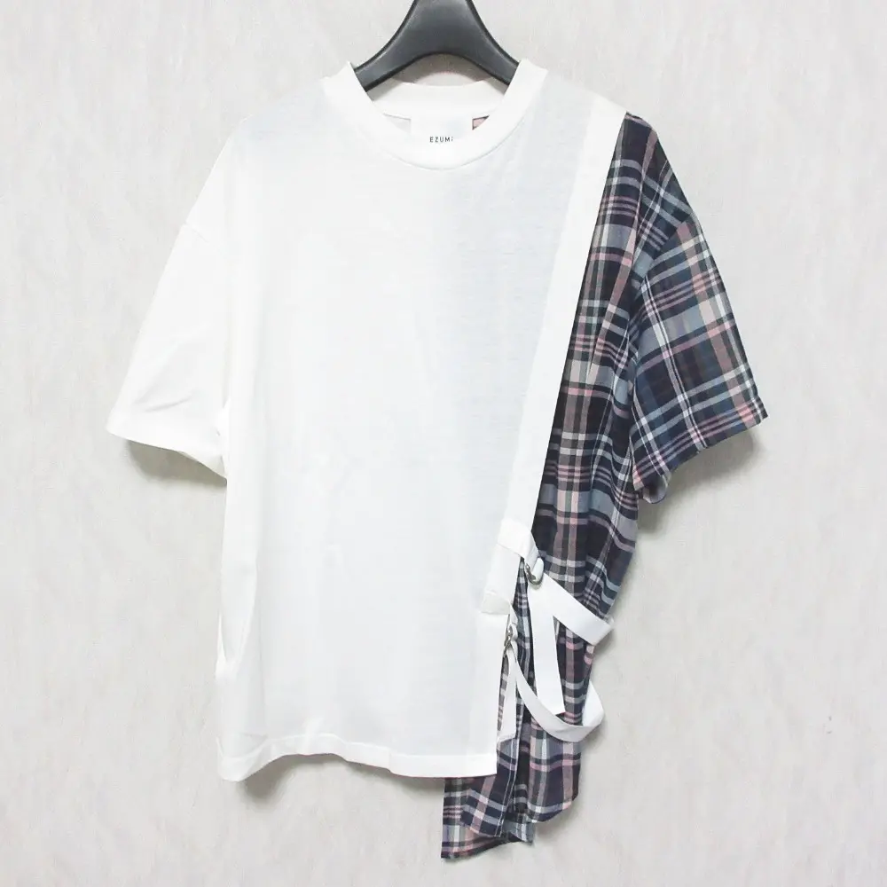 EZUMI エズミ シャツコンビネーションTシャツ 半袖 クルーネック ドッキングカットソー F ホワイト×ネイビーチェック
