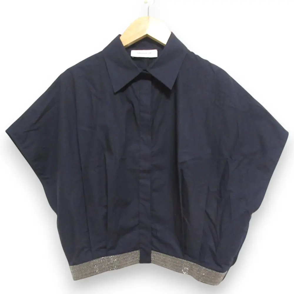 FABIANA FILIPPI ファビアナフィリッピ モニーレ装飾 オーガニックコットン フレンチスリーブ ショートシャツ ブラウス 40 ネイビー
