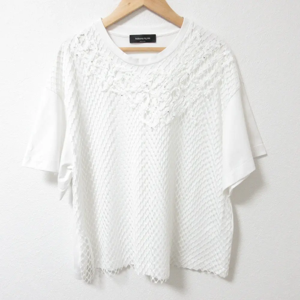 FABIANA FILIPPI ファビアナフィリッピ スパンコール 五分袖 メッシュ ドッキング カットソー Tシャツ 40 ホワイト