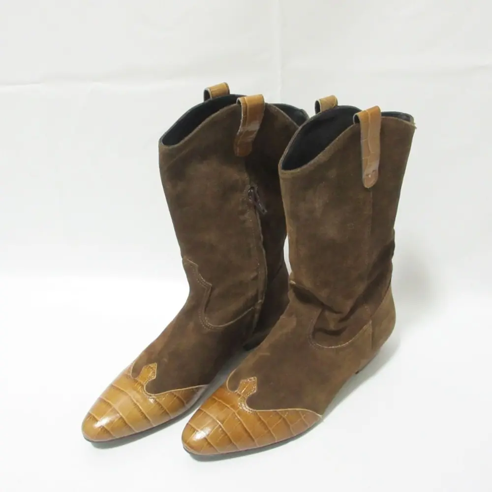 FABIO RUSCONI ファビオルスコーニ クロコ型押しレザー×スエード 切替 ショート丈 ウエスタンブーツ 38 24.5cm ブラウン系