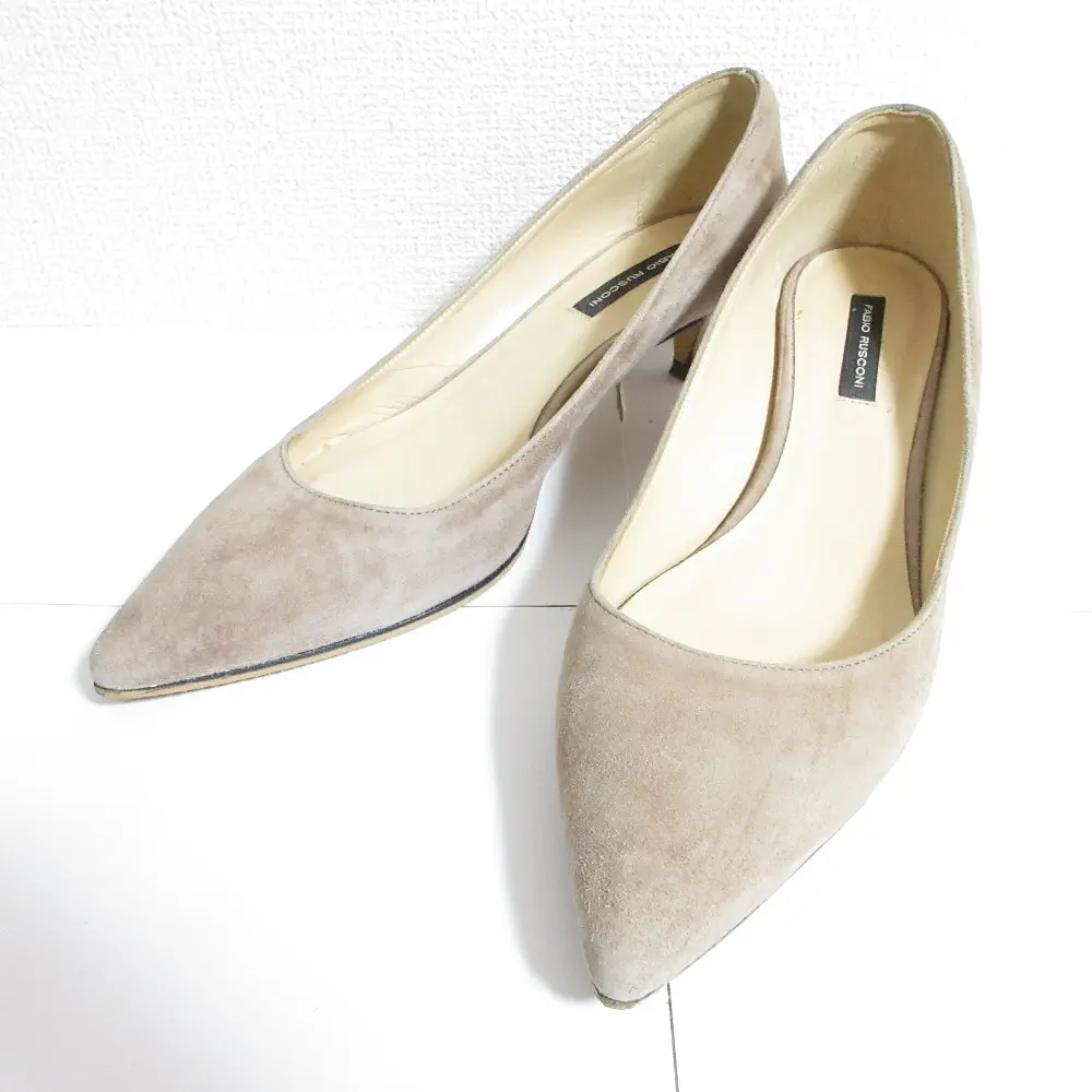 FABIO RUSCONI ファビオルスコーニ スエード ポインテッドトゥ ローヒール パンプス 38 24.5～25cm相当 ブラウンベージュ