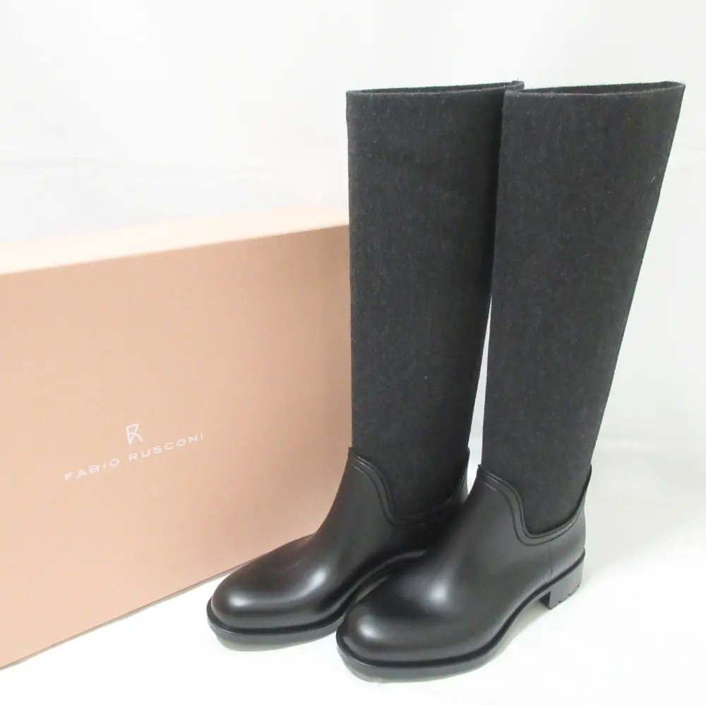 Fabio Rusconi ファビオルスコーニ ニット×レザー ロングブーツ 37 約23.5cm チャコールグレー×ブラック
