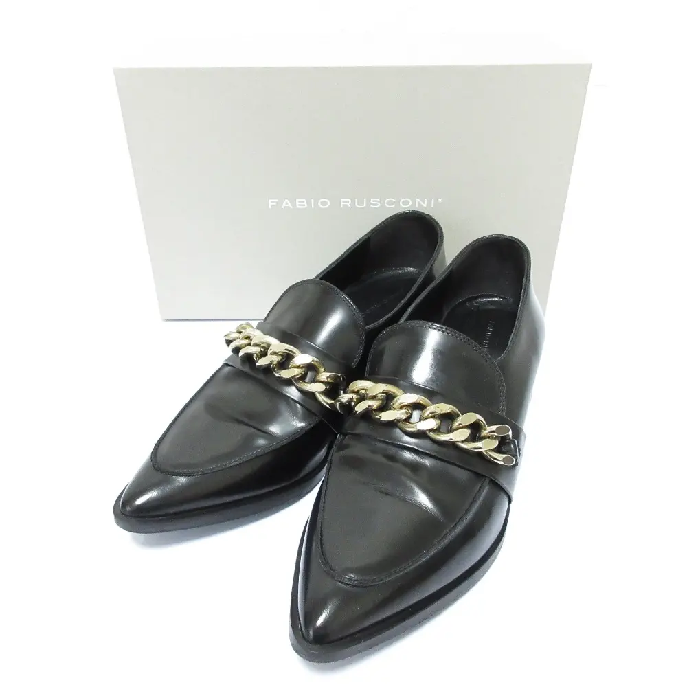 FABIO RUSCONI ファビオルスコーニ レザー ポインテッドトゥ チェーンローファー サイズ39 25.5cm～26cm相当 ブラック