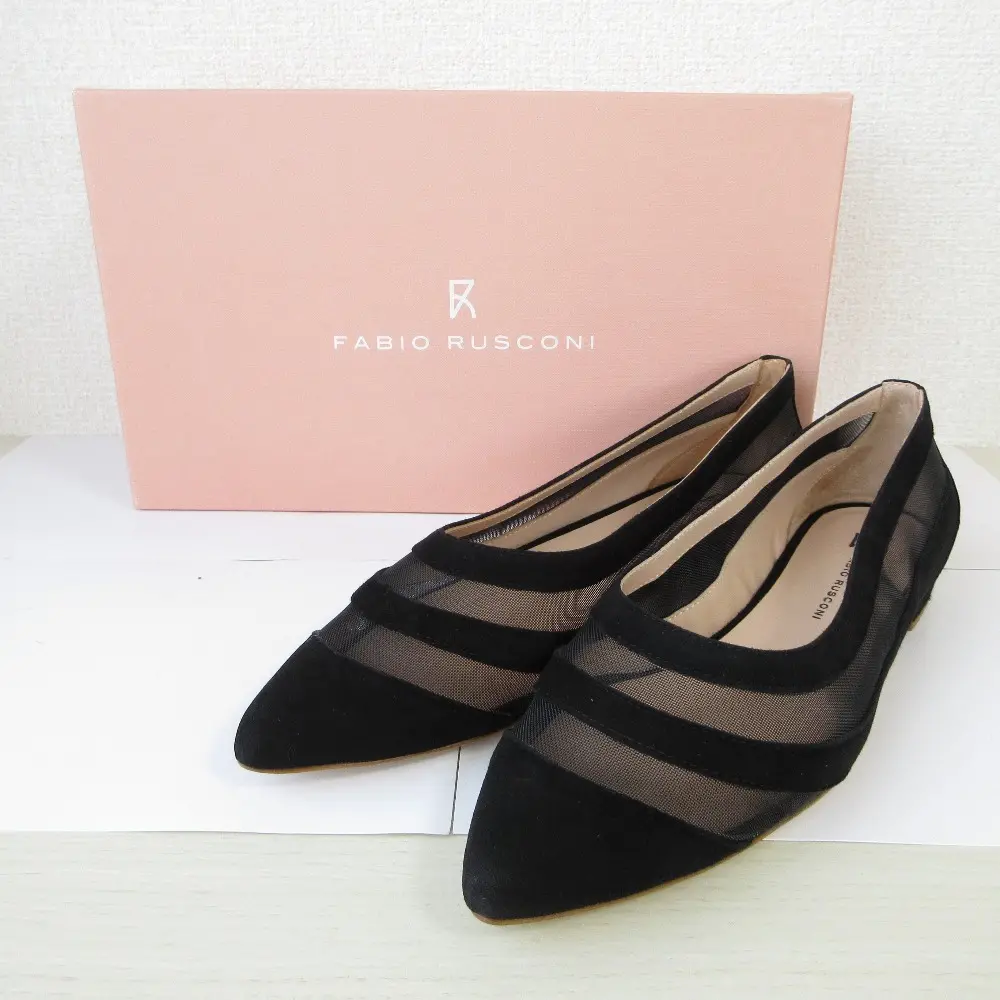 25SS FABIO RUSCONI ファビオルスコーニ スエードメッシュコンビ フラットシューズ パンプス 38 24cm相当 ブラック