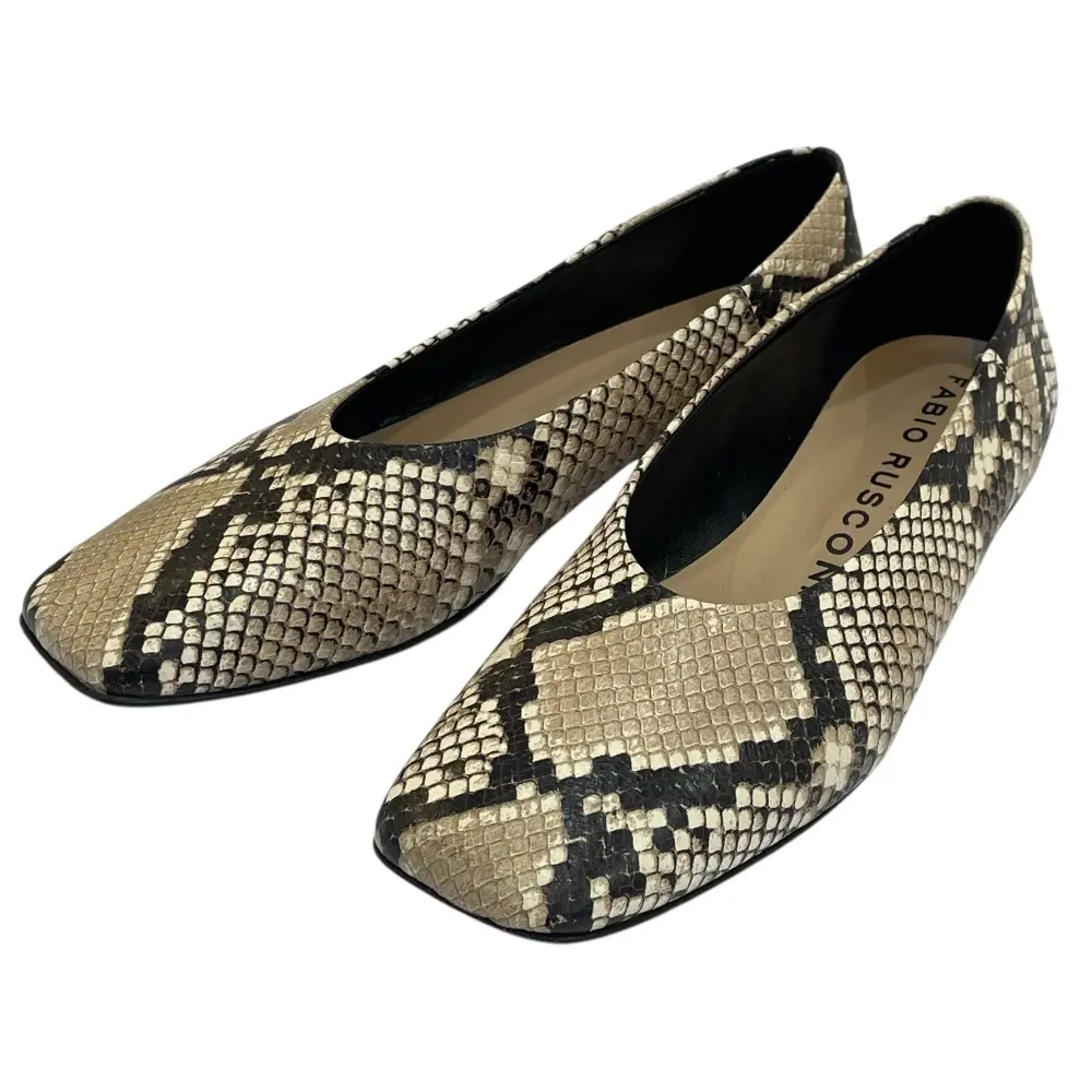 FABIO RUSCONI ファビオルスコーニ パイソン型押し スクエアトゥ フラット パンプス 38 25cm相当 グレージュ