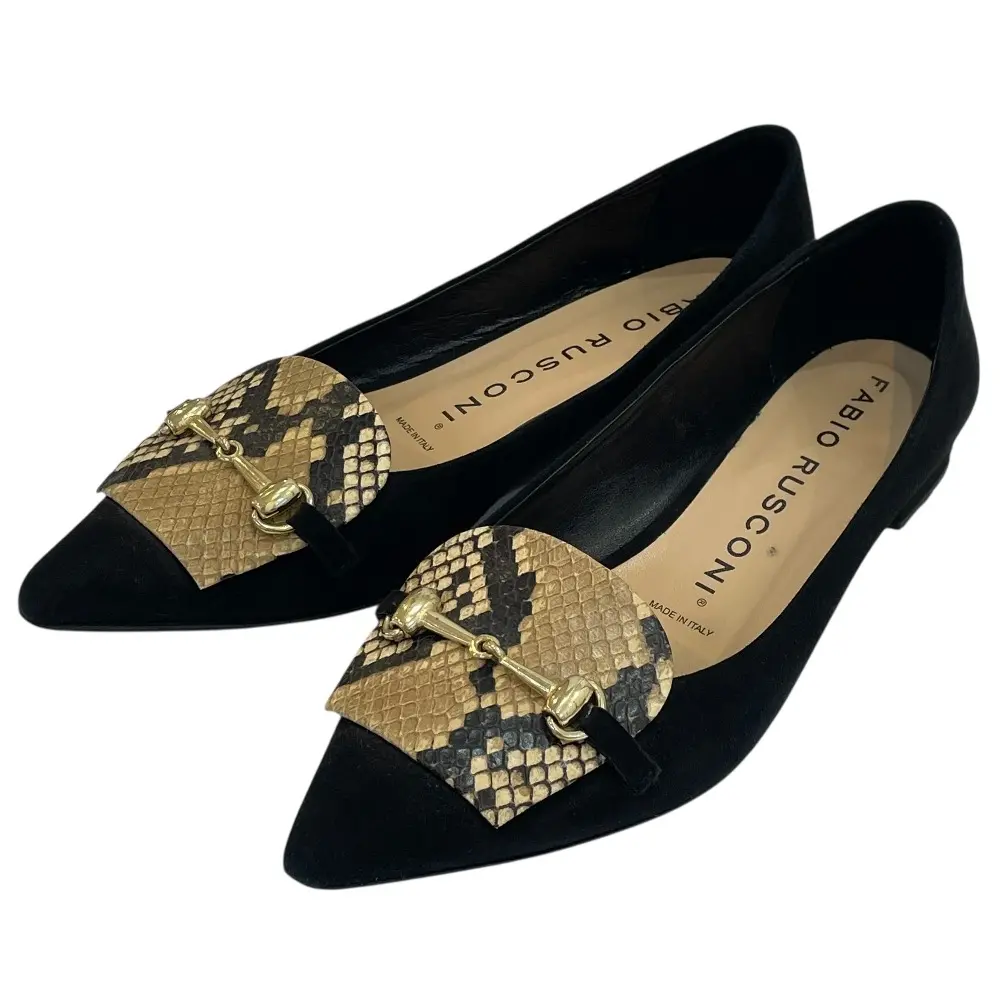 FABIO RUSCONI ファビオルスコーニ ホースビット パイソン型押し ポインテッドトゥ フラット パンプス 38 25cm相当 ブラック