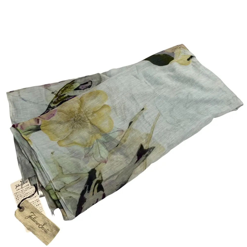 Faliero Sarti ファリエロサルティ バード×フラワー シルクコットン 大判ストール ライトブルー