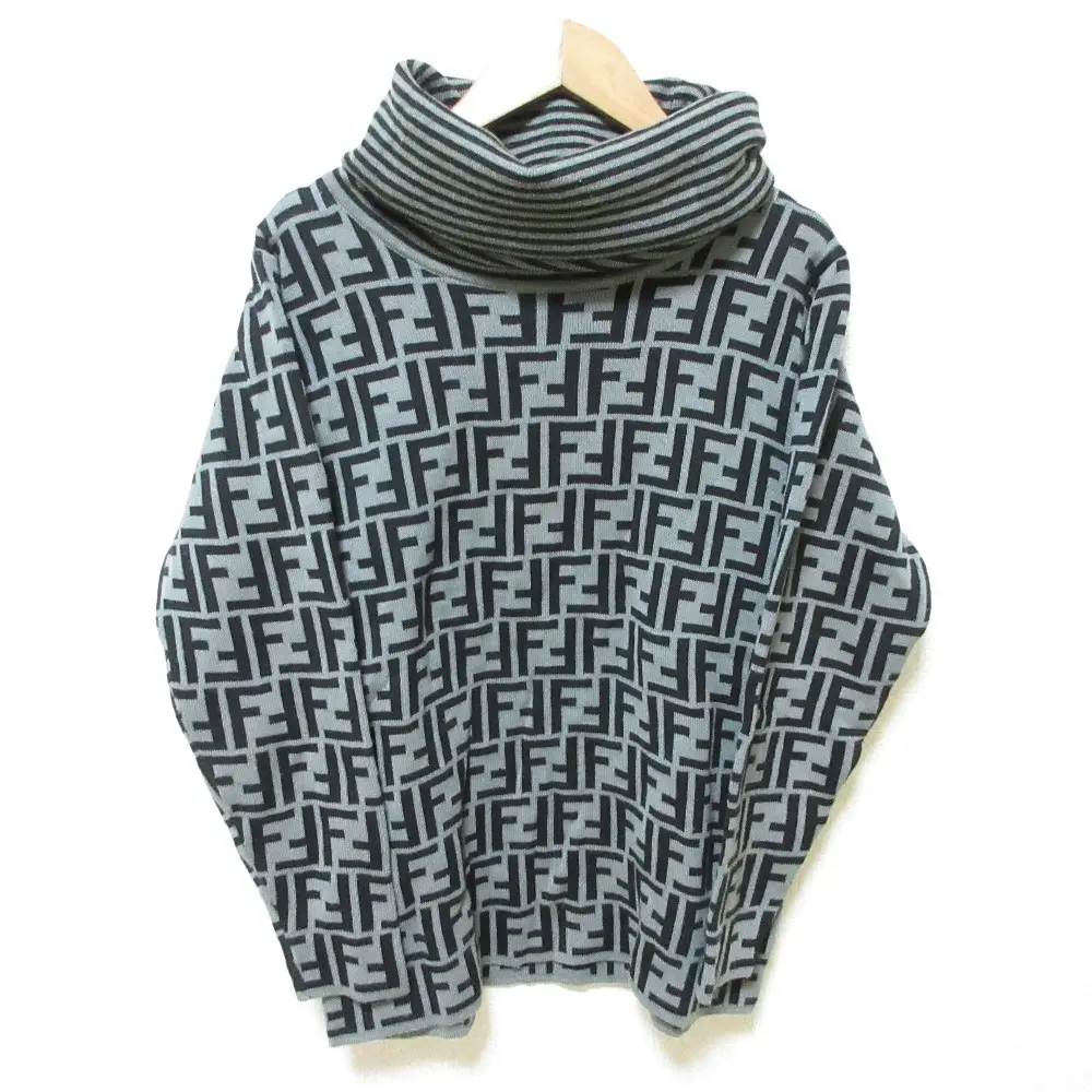 FENDI フェンディ ヴィンテージ ズッカ柄 長袖 ハイネック ニット セーター プルオーバー グレー×ブラック