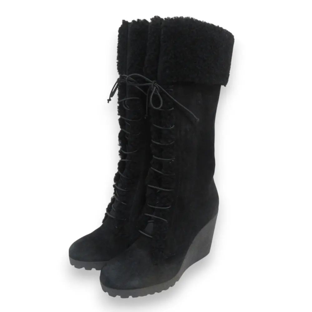 FENDI フェンディ FFロゴ刻印 スエード ムートン レースアップ ロングブーツ 38 約25cm ブラック
