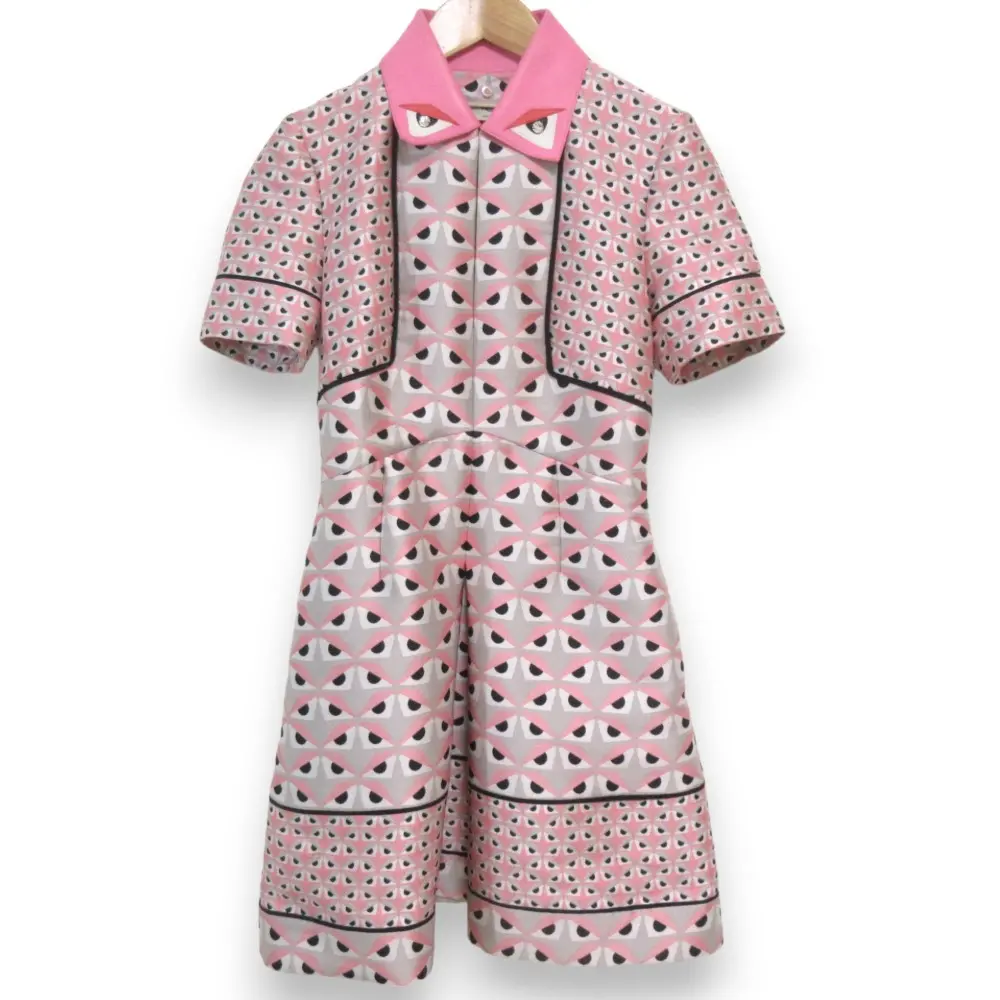 FENDI フェンディ モンスター ジャガード ストレッチ 半袖 ひざ丈 ドレス ワンピース I38 ピンク系