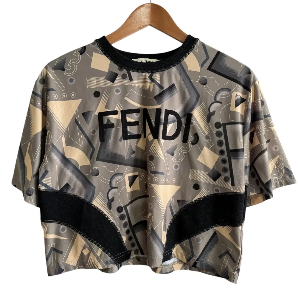FENDI フェンディ 2022年モデル 半袖 ストレッチ クルーネック クロップドTシャツ カットソー XS ベージュ×ブラック