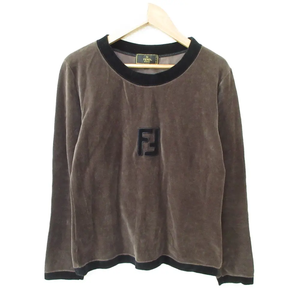 FENDI フェンディ ヴィンテージ ロゴ 長袖 ベロアカットソー トップス 42 ブラウン×ブラック