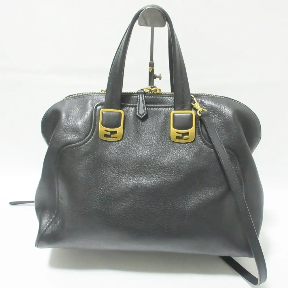 FENDI フェンディ カメレオン レザー 2way ハンドバッグ トートバッグ ショルダーバッグ ブラック×ゴールド金具