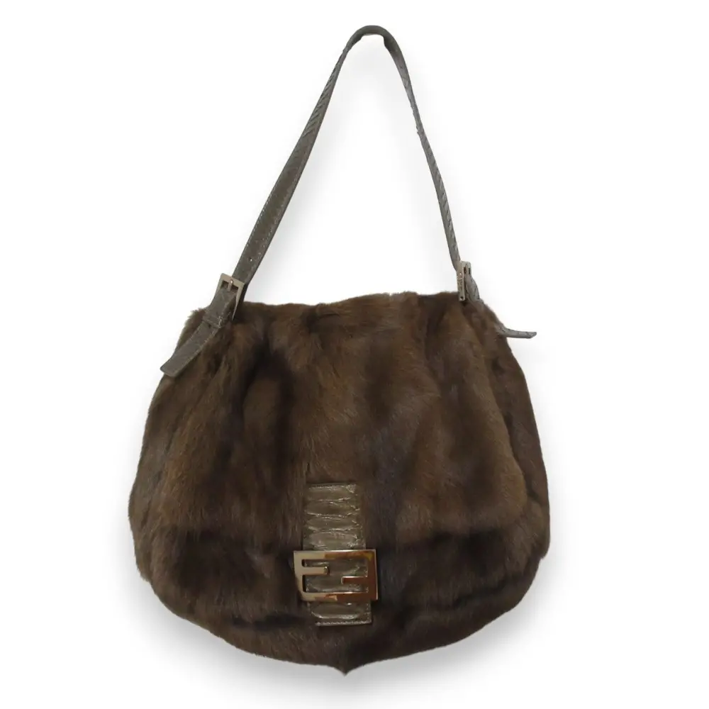 FENDI フェンディ ヴィンテージ リアルファー×パイソンレザー マンマバケット ショルダーバッグ ブラウン