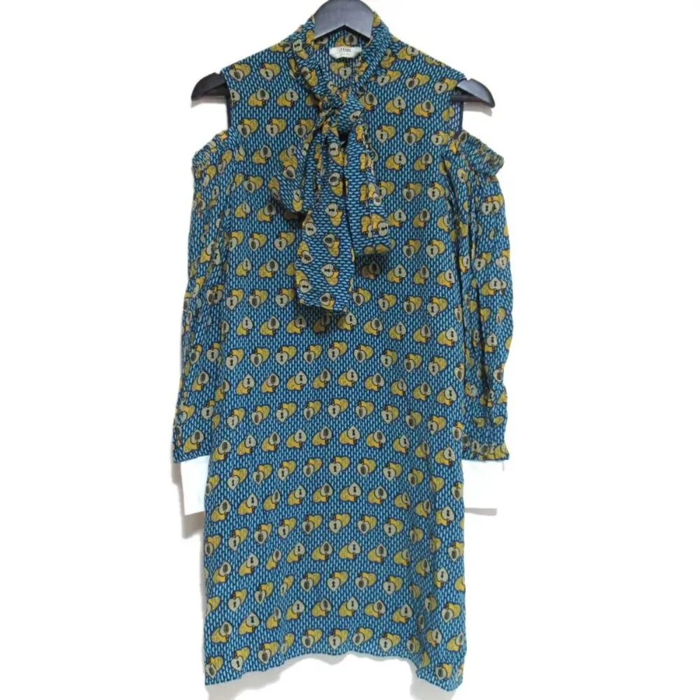 FENDI フェンディ ハートロックキー柄 シルク ひざ上丈 オープンショルダー ボウタイ ドレス ワンピース FD9757 40サイズ ブルー系