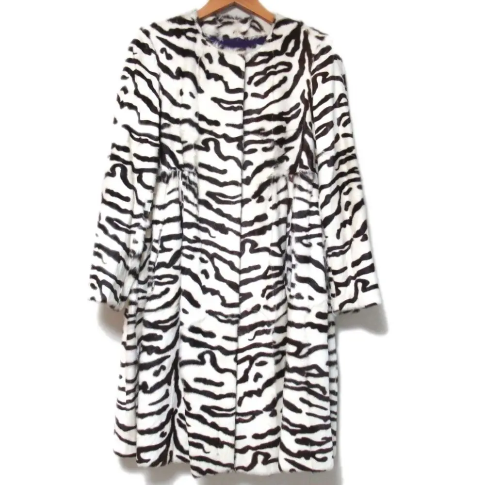 FENDI フェンディ ゼブラ柄 裏地シルク100％ ハラコ ノーカラーコート 42サイズ ホワイト×ダークブラウン