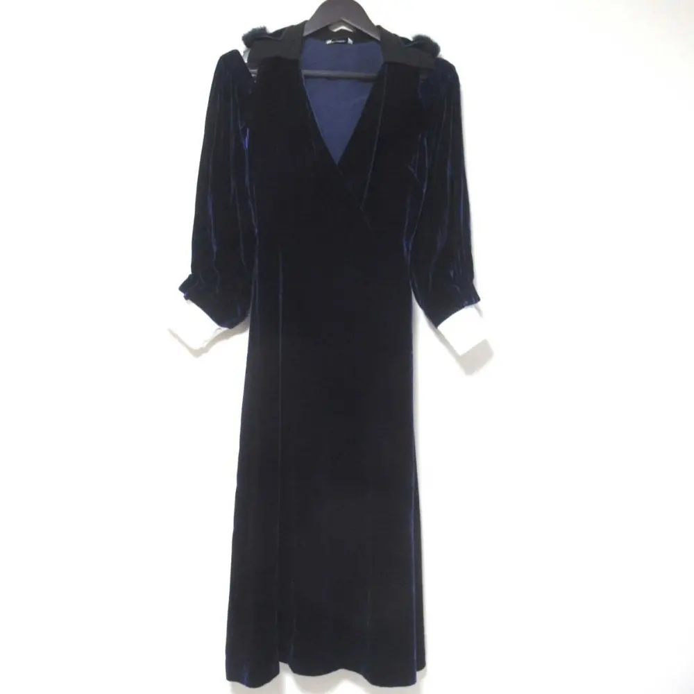 FENDI フェンディ ロング丈 ミンクカラー カシュクール オフショル ベロア ドレス  36 ネイビー×ホワイト